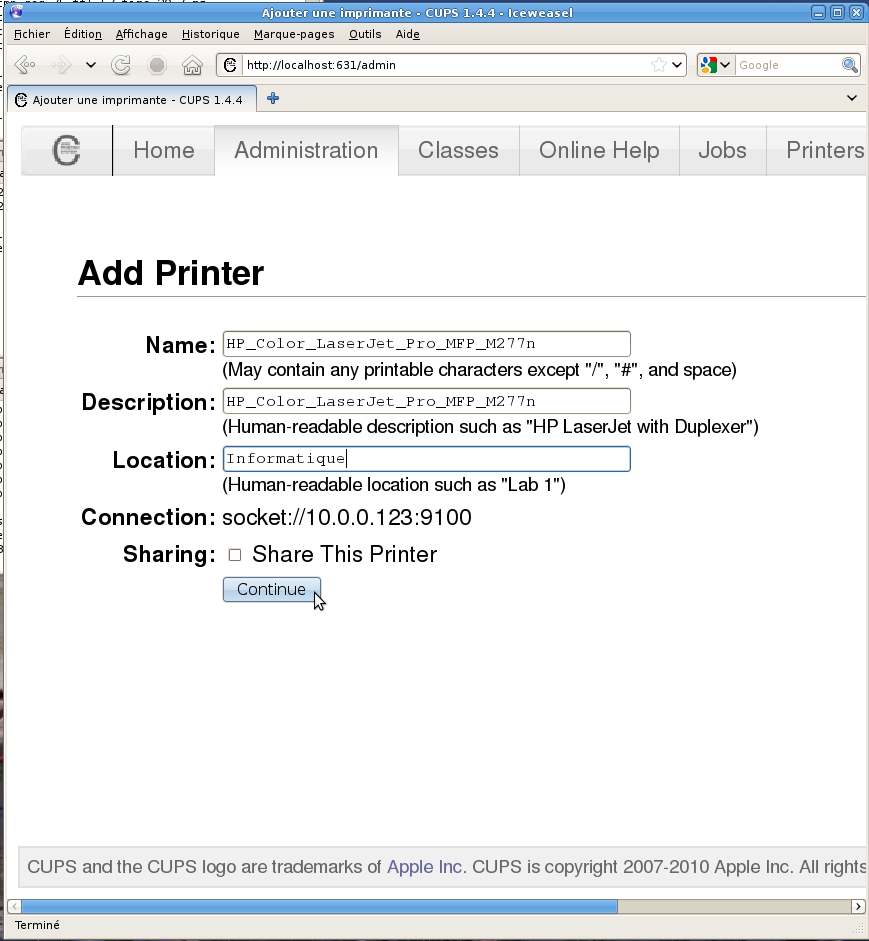 Installer l'imprimante HP Color LaserJet Pro MFP M277n en réseau dans CUPS 1.4.4 ou ultérieur