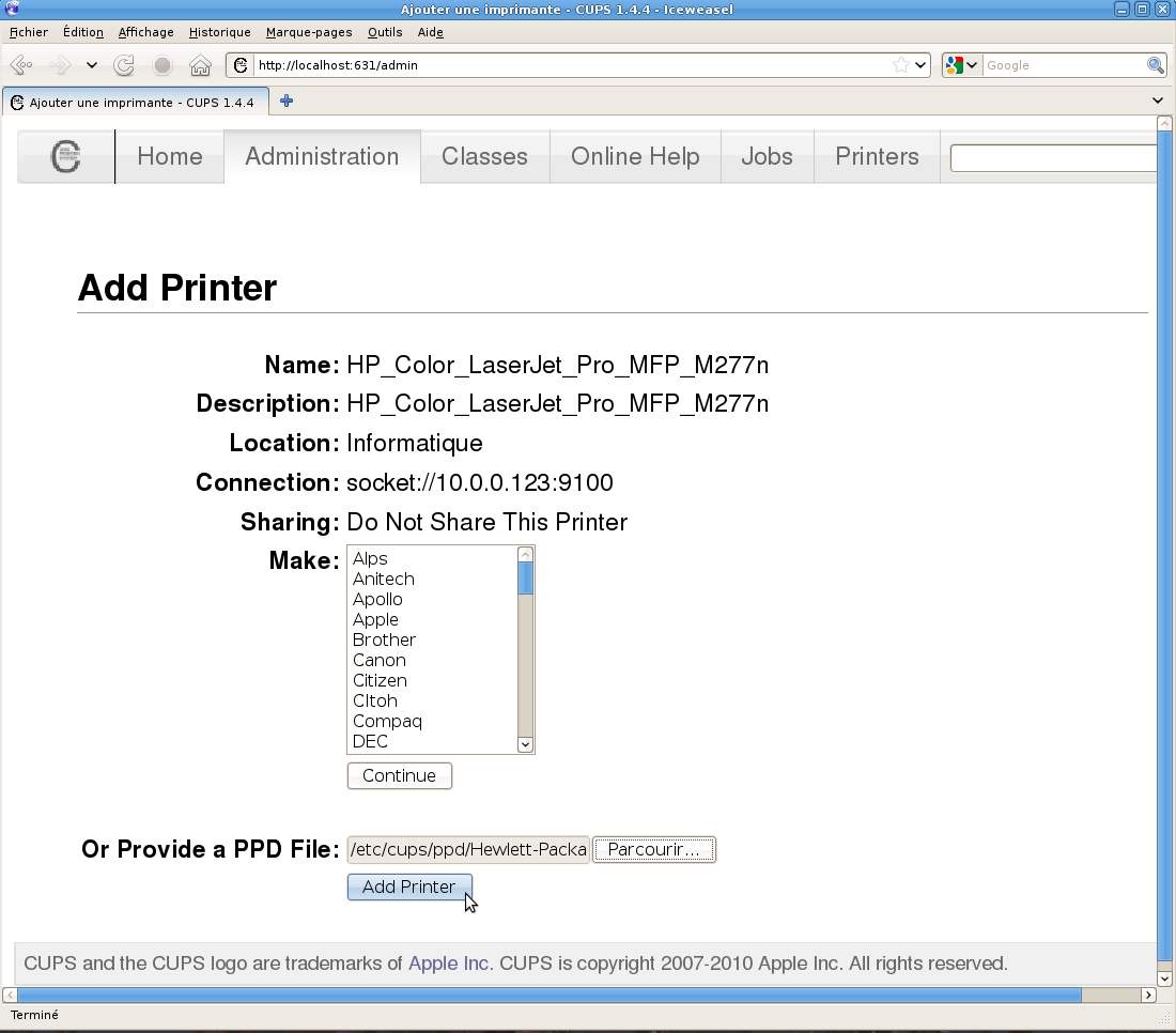 Installer l'imprimante HP Color LaserJet Pro MFP M277n en réseau dans CUPS 1.4.4 ou ultérieur